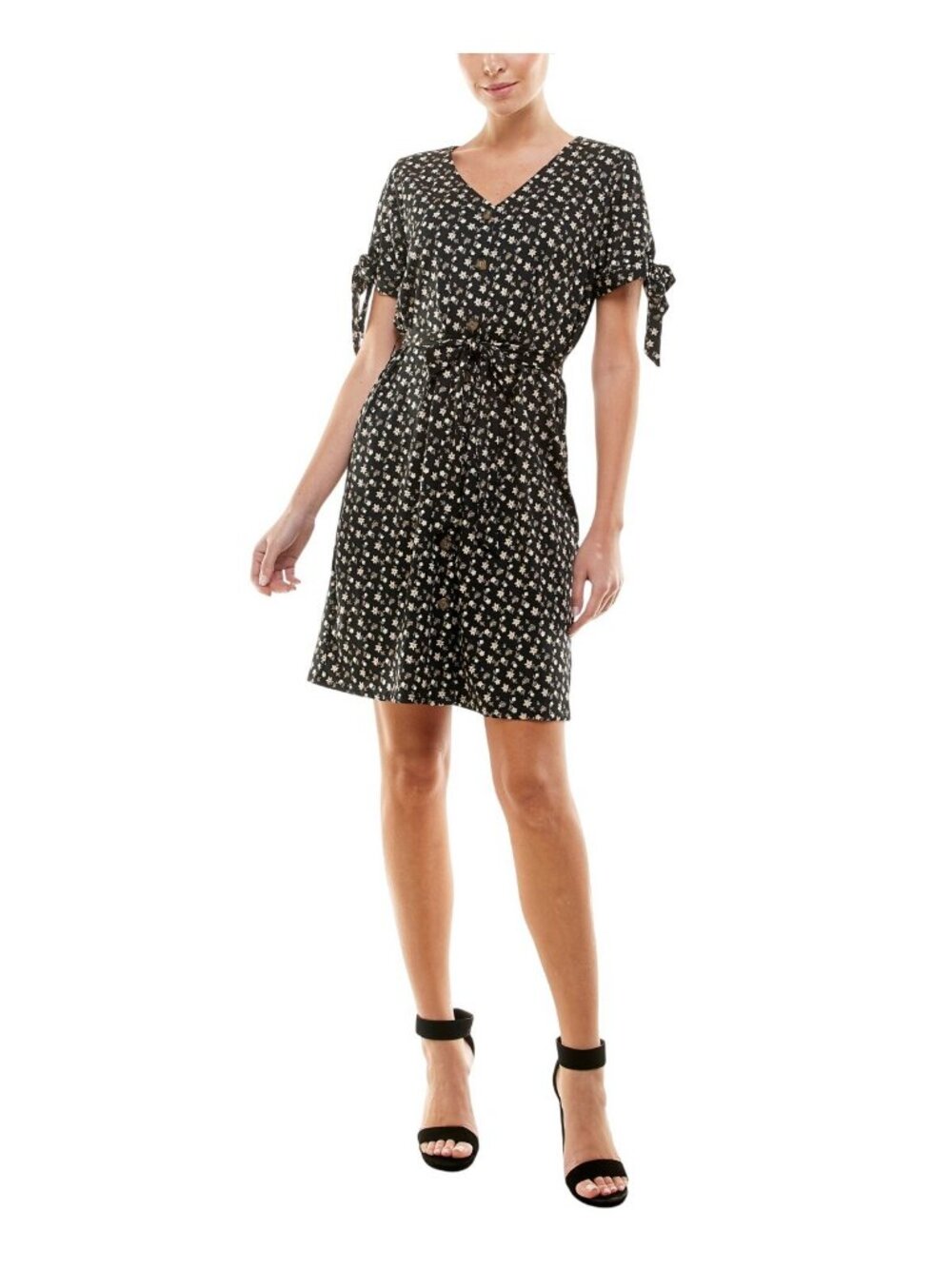 NWT NY Collection Sleeve Belted Knit V-Neck Dress Ditsy Floral Black Multi L